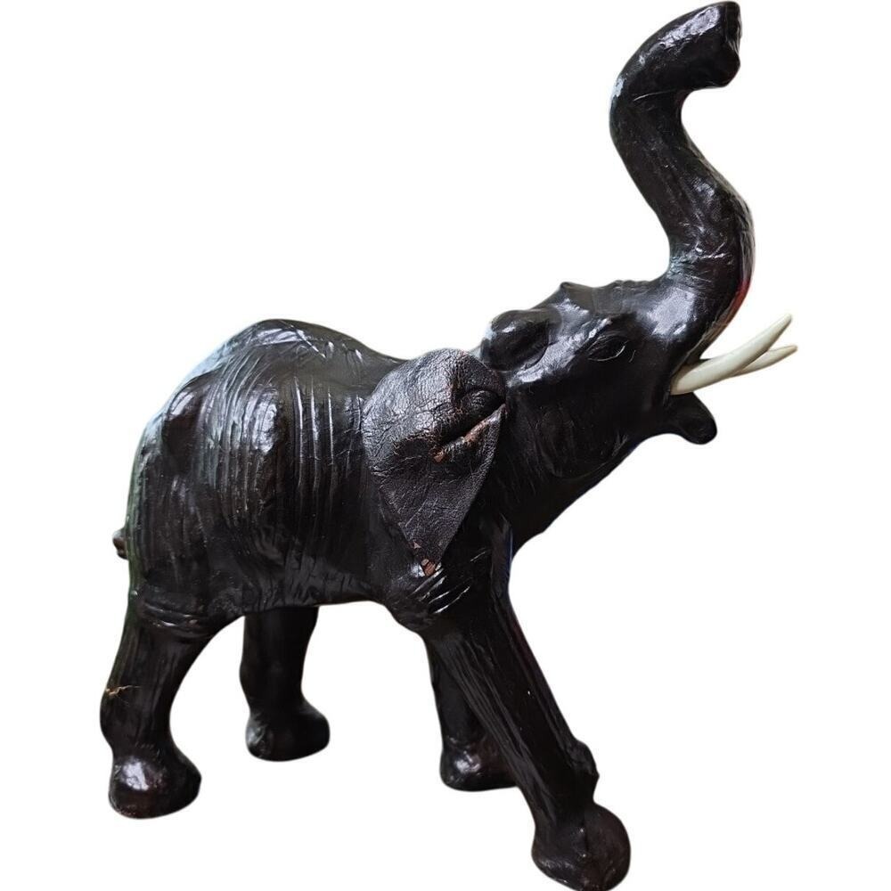 Large Brown Leather Covered Paper Mache African Elephant‎ Sculpture E2
